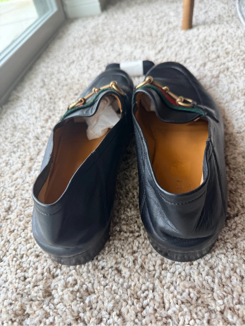 Gucci Black Leather Loafers with Green-Red Web & Gold Horsebit